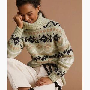 Anthropologie Turtleneck Tunic Sweater Fair Isle Mint Green - Small